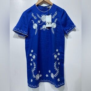 Zara Linen Embroidered Mini Dress White Floral Short Sleeve Shift Size M NWT